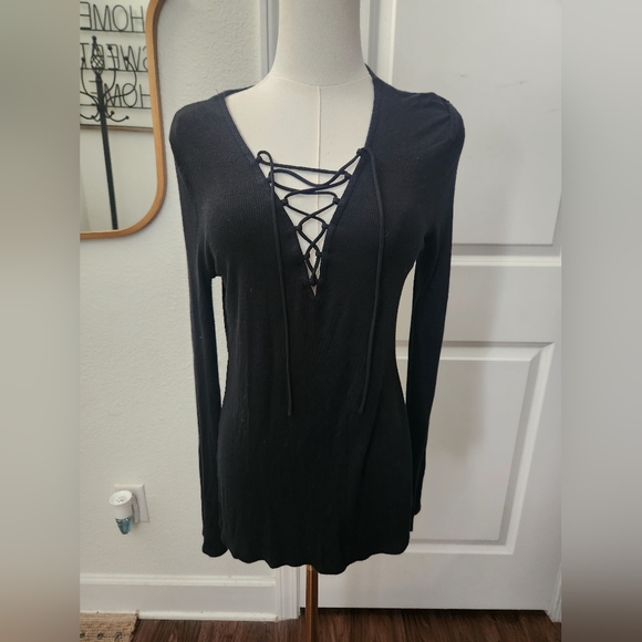 Express Tops - Express Black Lace-Up Long Sleeve Top